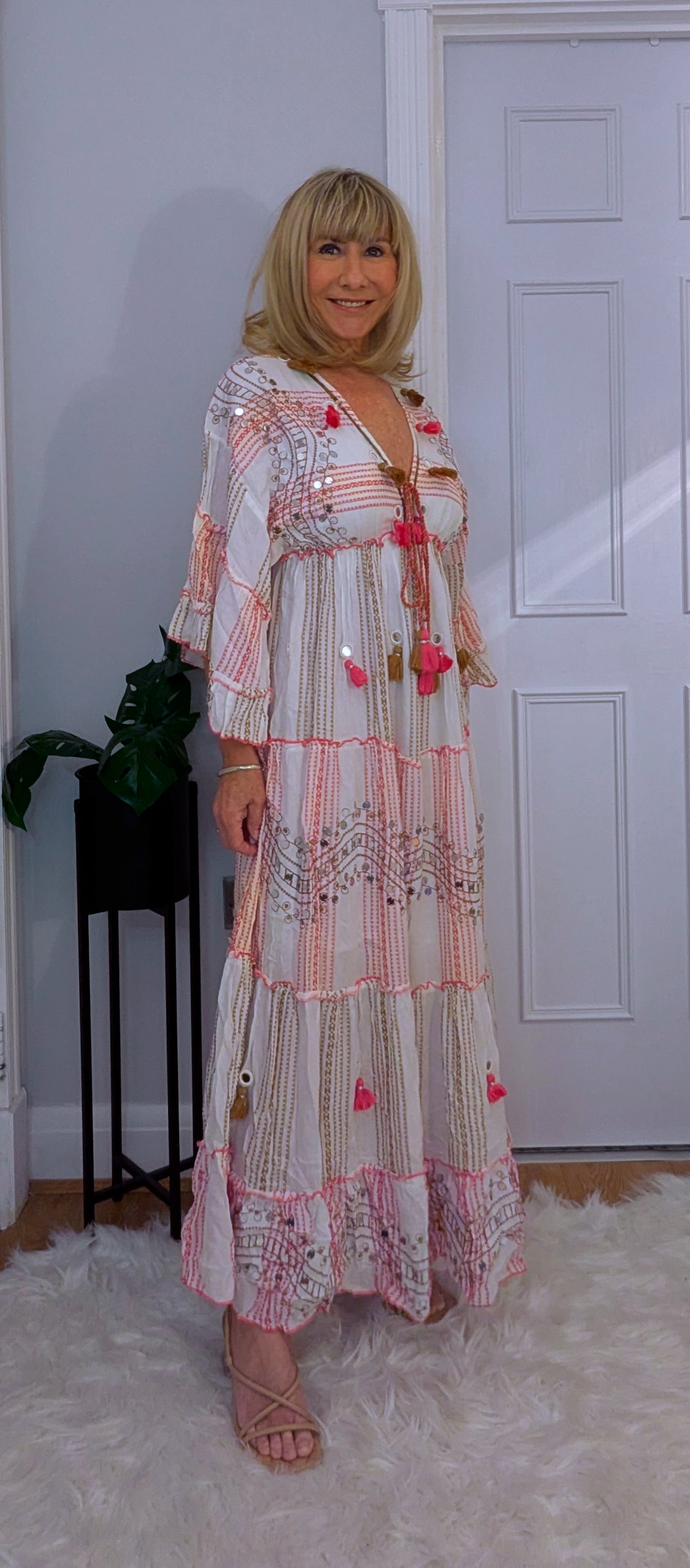 Carla Summer Dress with Embellished Boho Look in Soft Viscose Pink and White
