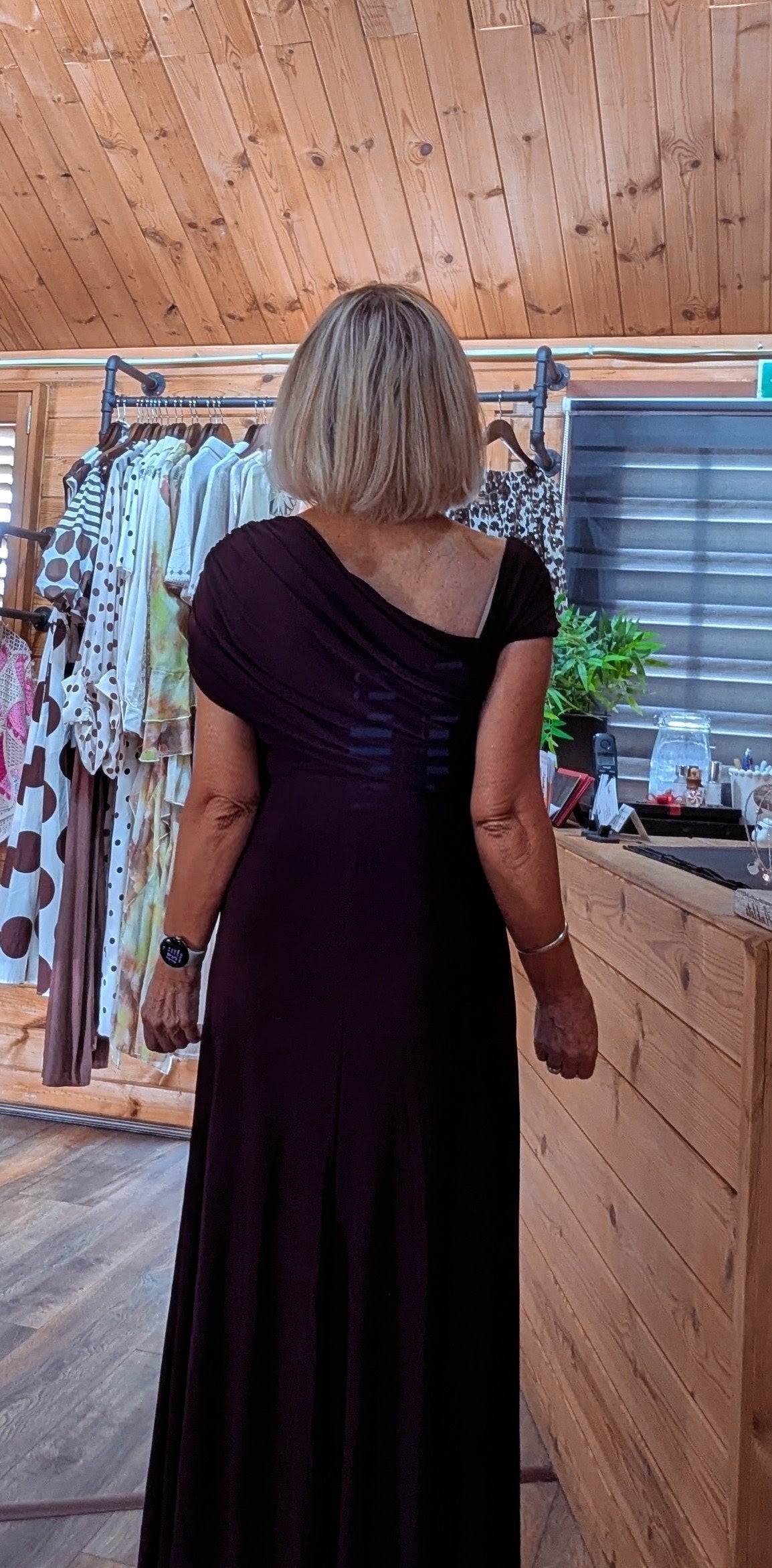 Back view of the Imogen burgundy draped maxi dress