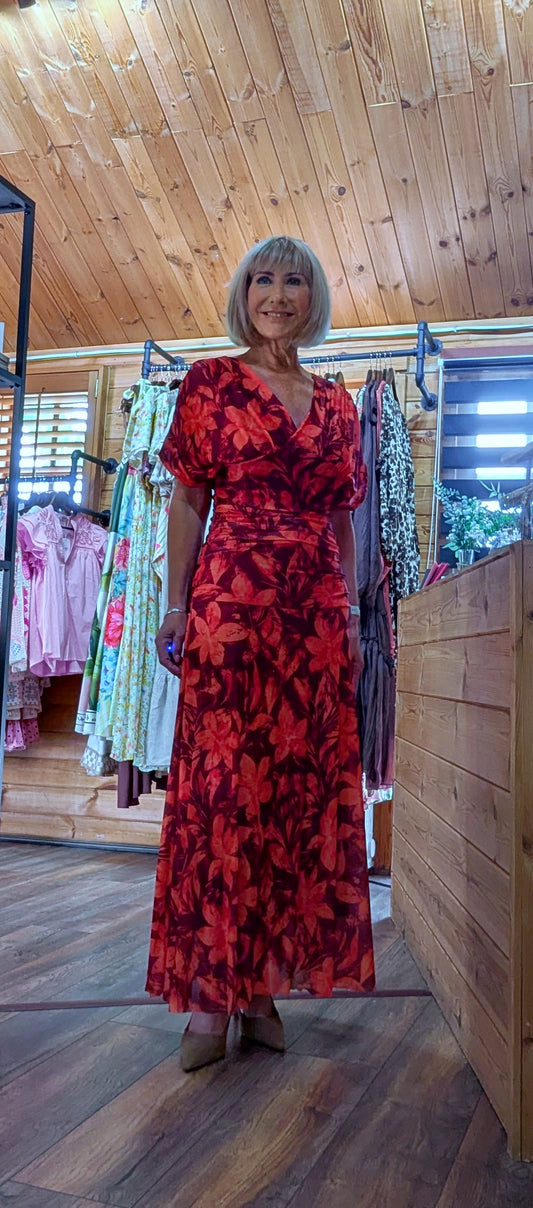 Emilie Floral Drape Maxi Dress – Occasion Dress in Red