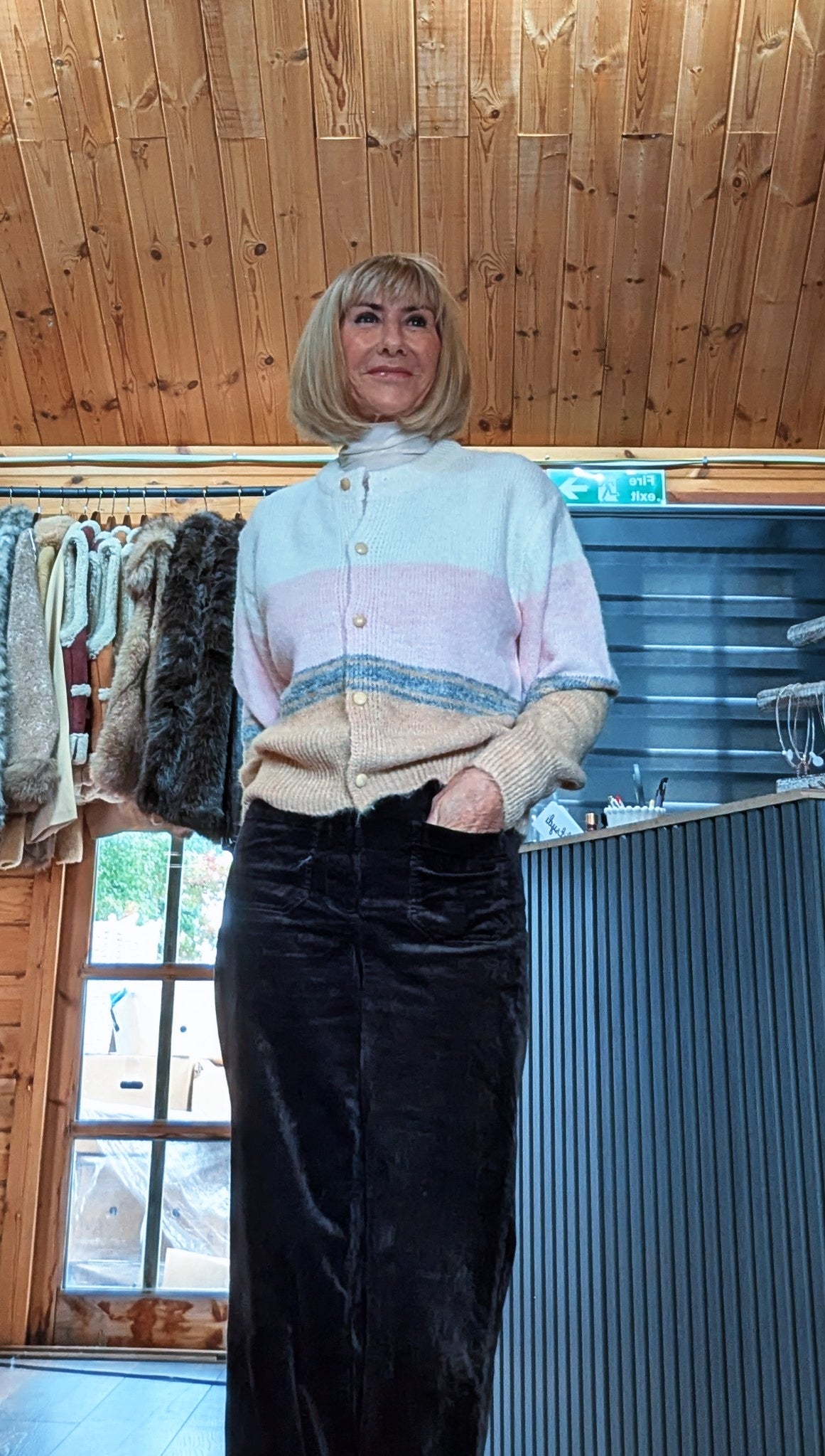 Closer front view of Helen cardigan showing the round neckline, buttons and grey stripe detail