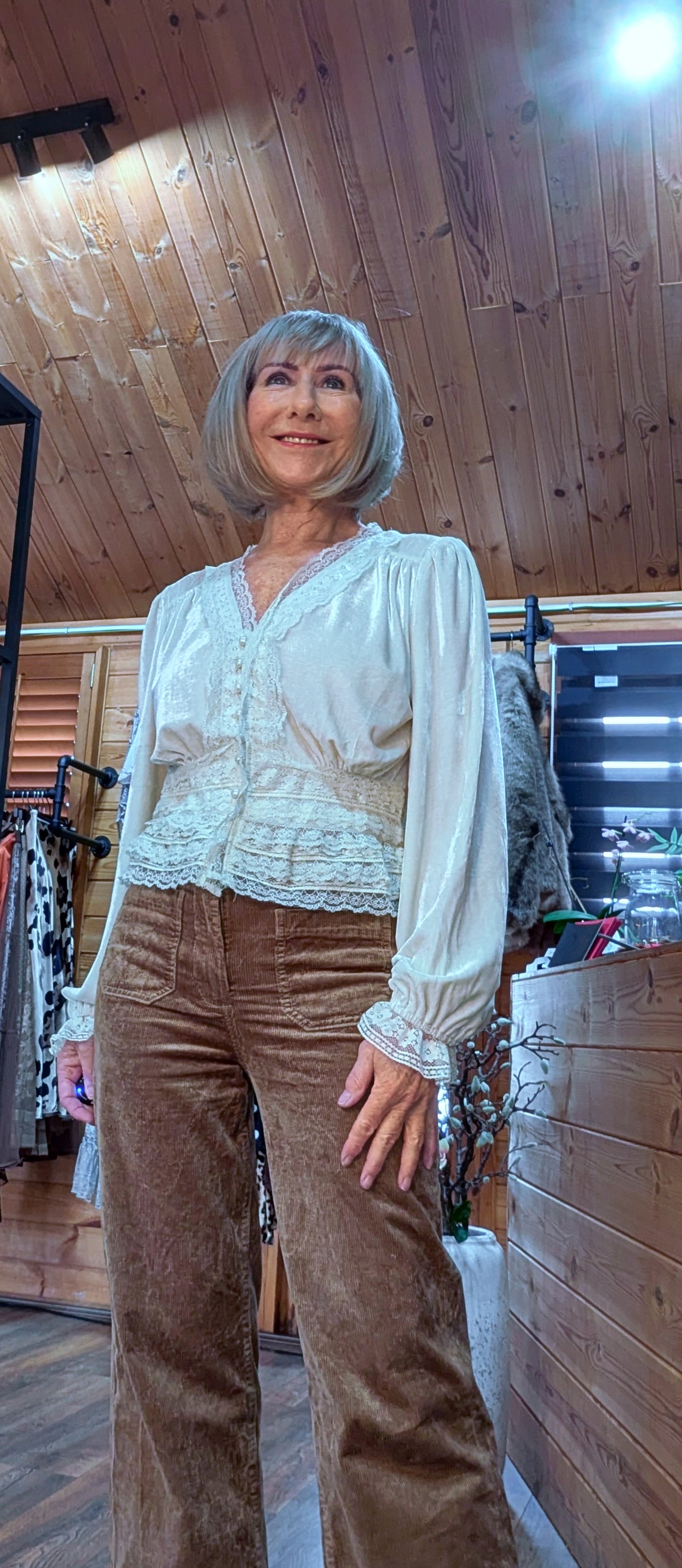 Vixen Cream Velvet Blouse – Lace Tailored Waist