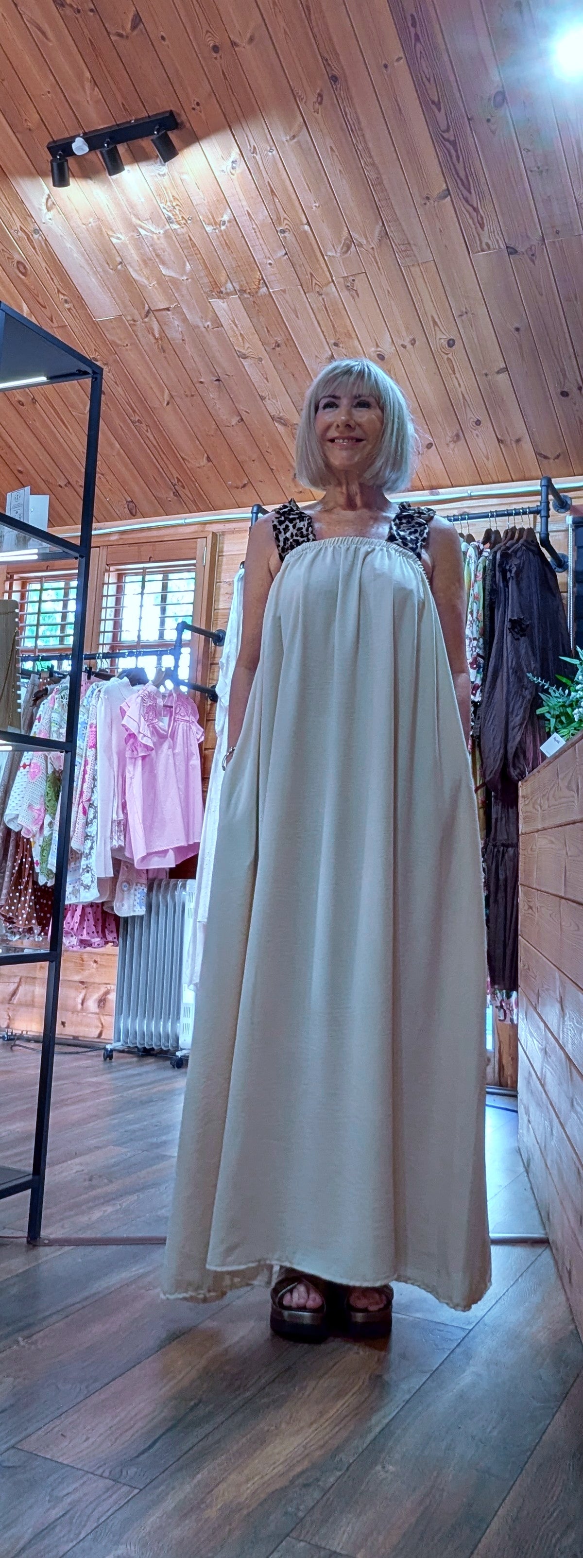 Maxi floaty feel dress with pockets and leopard print straps