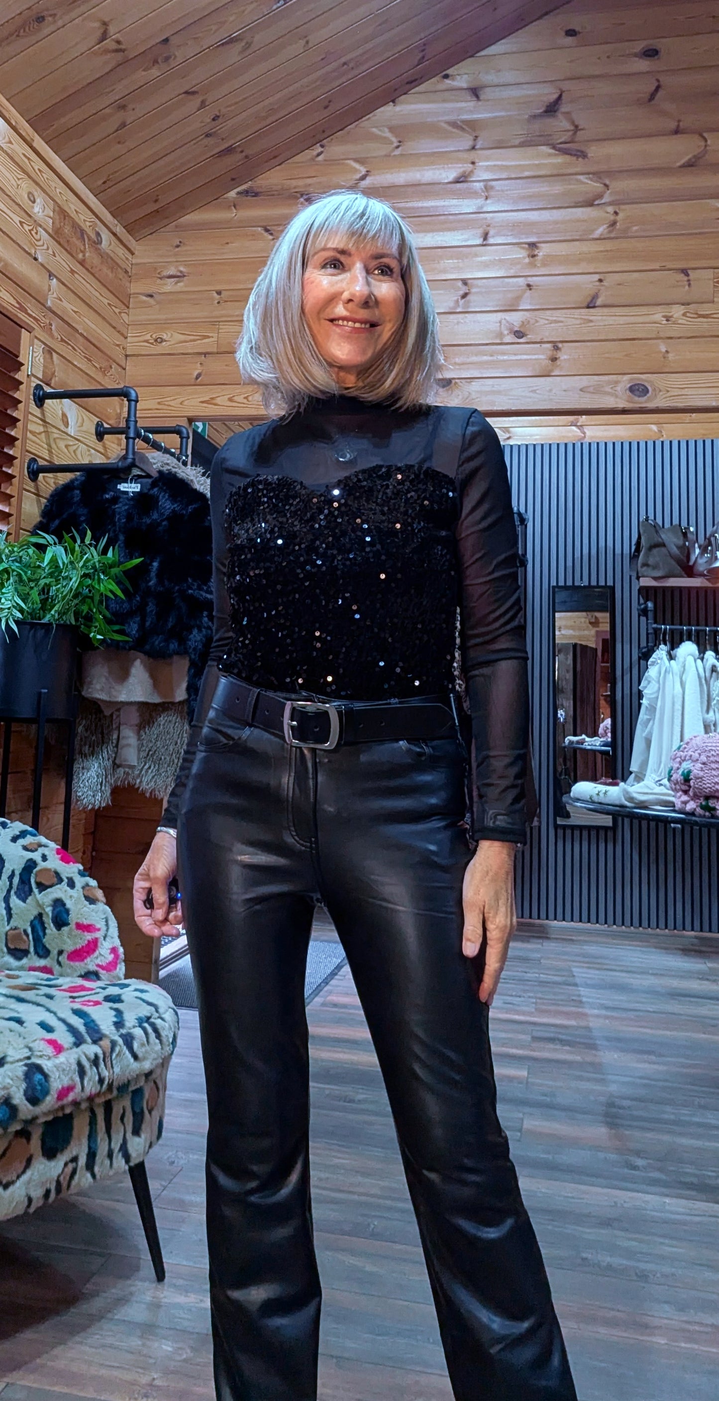 Audrey Sheer High-Neck Top – Velvet Bust with Sequin Detail