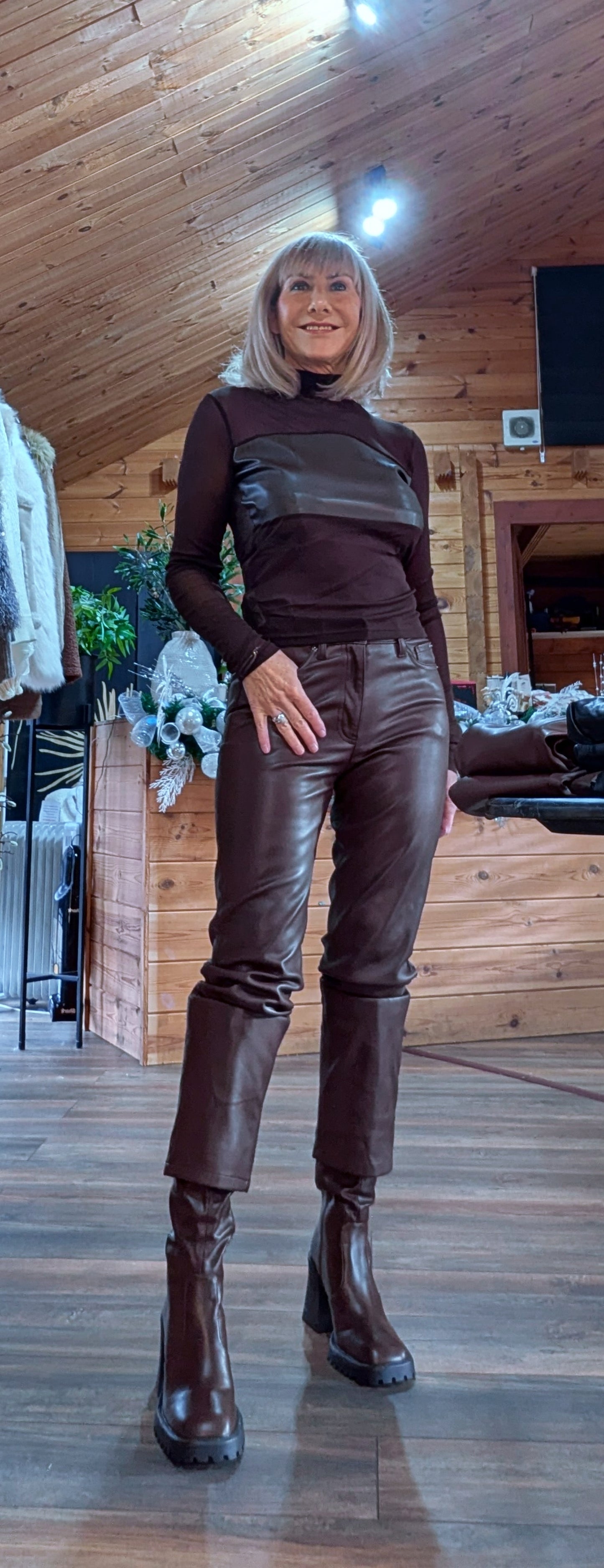 Marla Sheer Fitted Top – Faux Leather Bust Panel - High Neck- Black or Chocolate