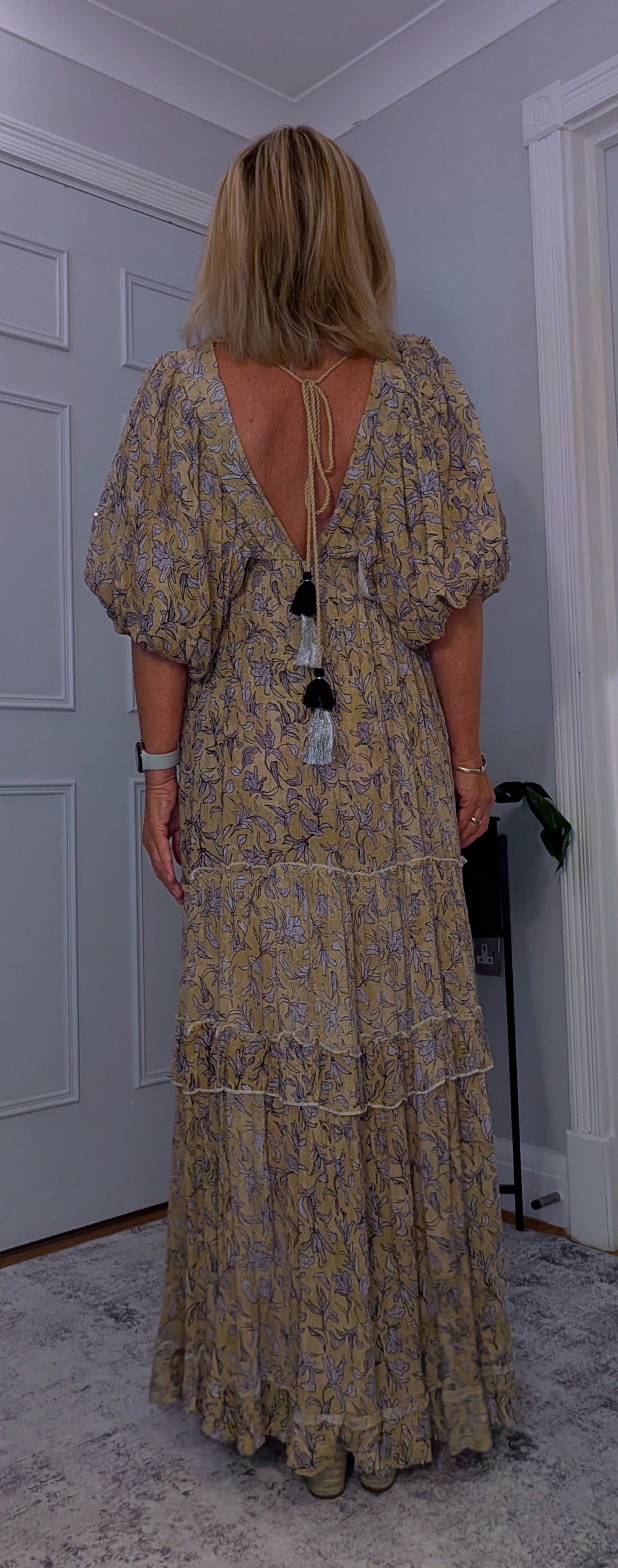 Delphi Embroidery Boho Maxi Dress In Ecru or Green Tassel Ties