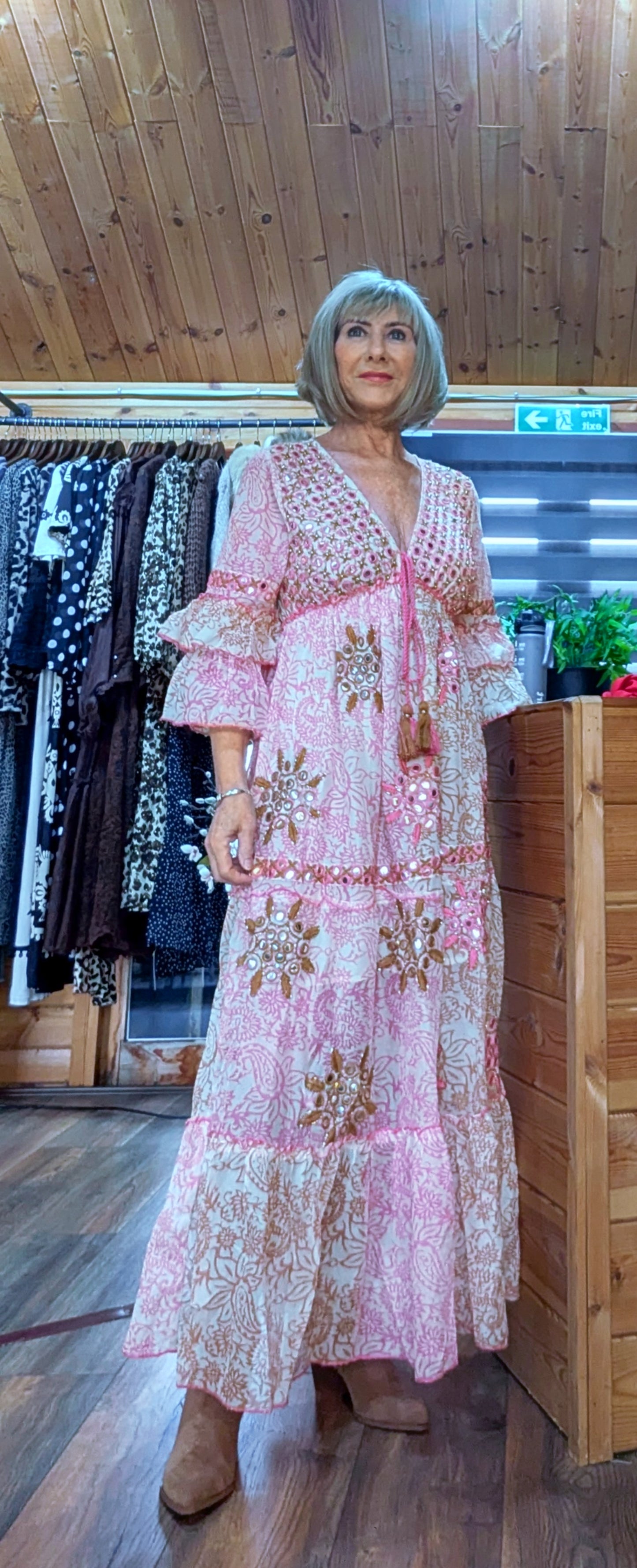 Clara Pink Boho Maxi Dress – Embroidered, Sequinned Made of Cotton