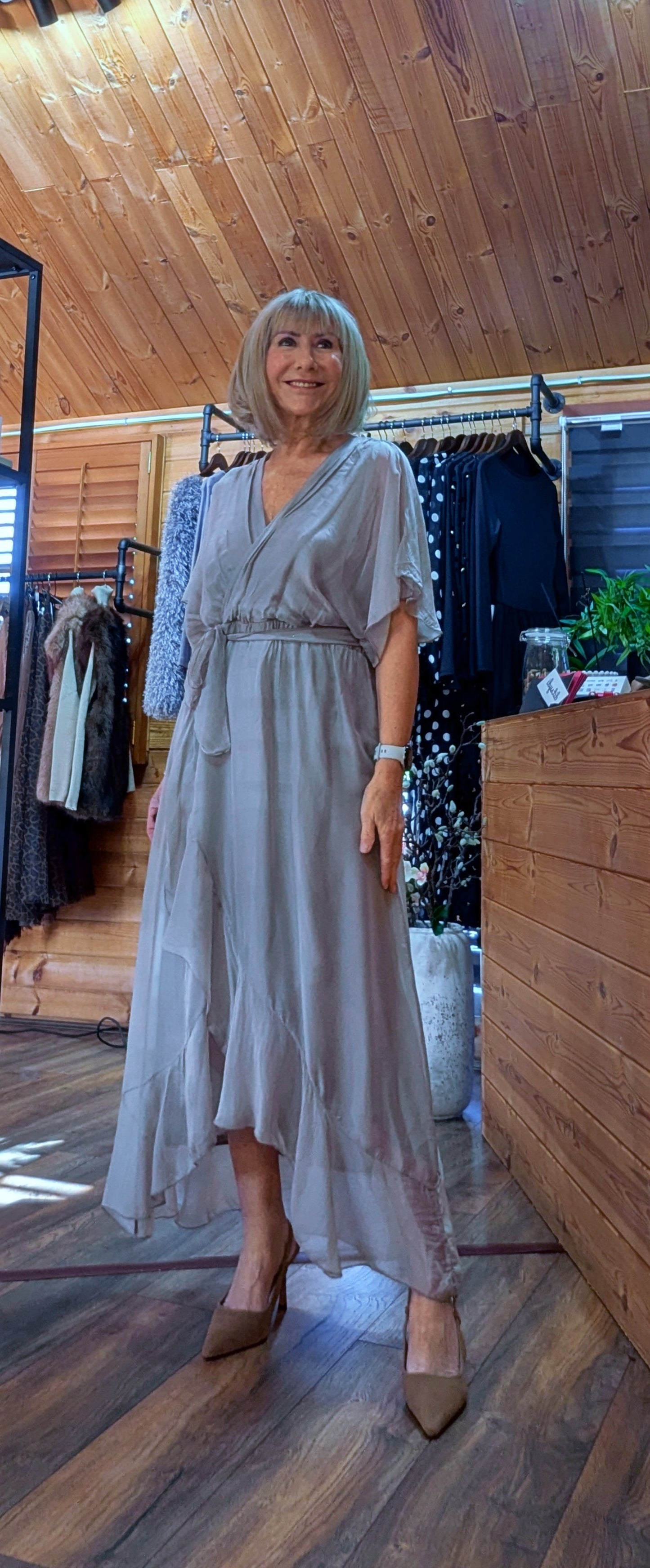 Elaine Silk Midi Wrap Dress with Tie Belt in Taupe