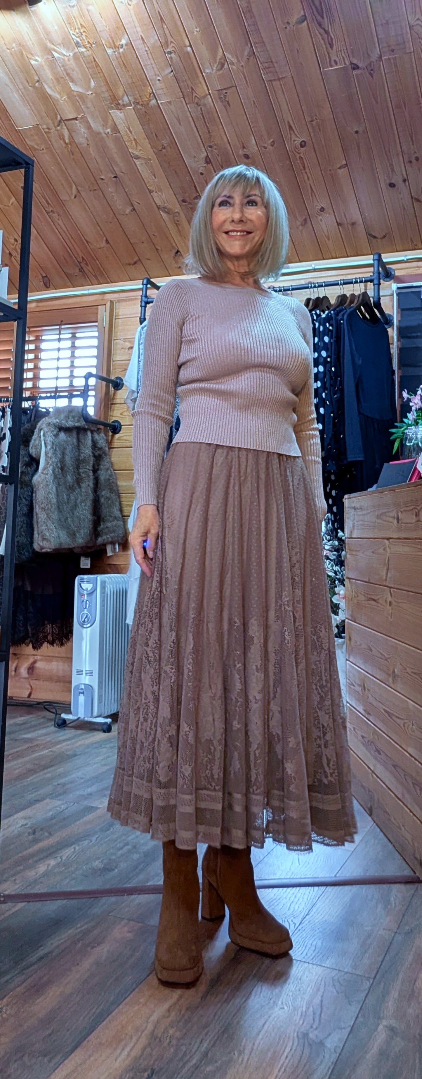 Rula Crew -Neck Fitted Sweater – Soft Knit with Gold Shimmer