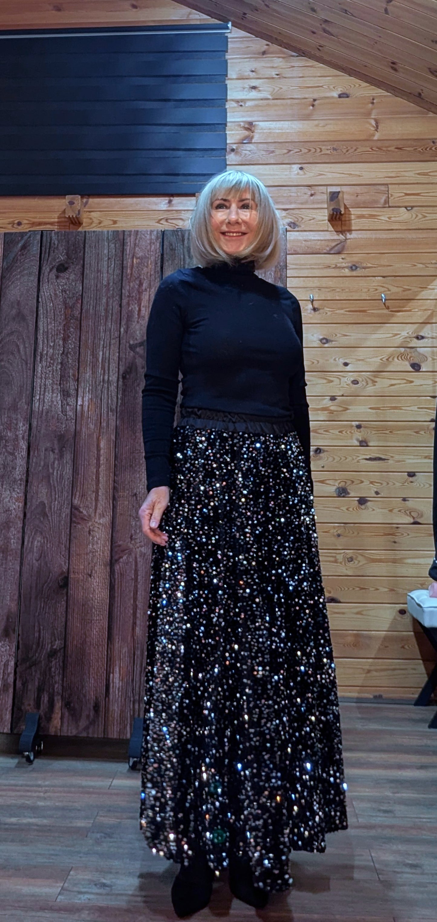 Noelle Black Sequin Flared Skirt- Silky Elasticated Waist Band