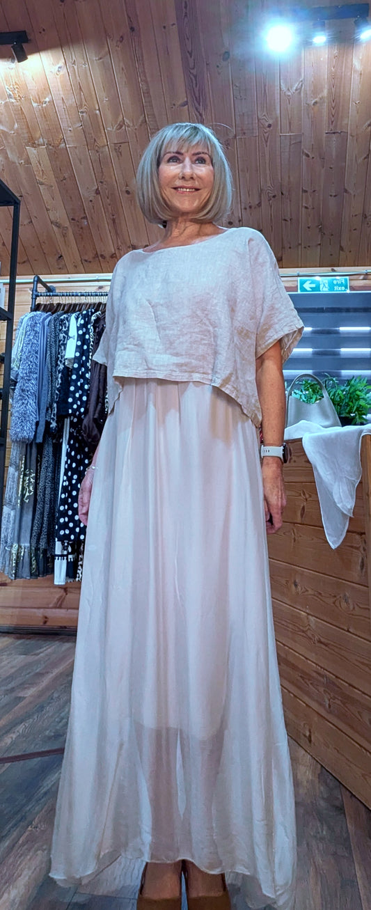 Hettie LInen and Silk Maxi Layered Summer Dress- White or Taupe