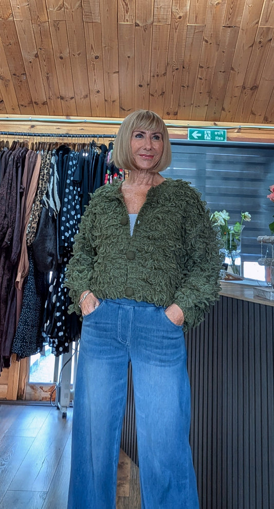 Women’s khaki statement jumper with all-over looped yarn detail