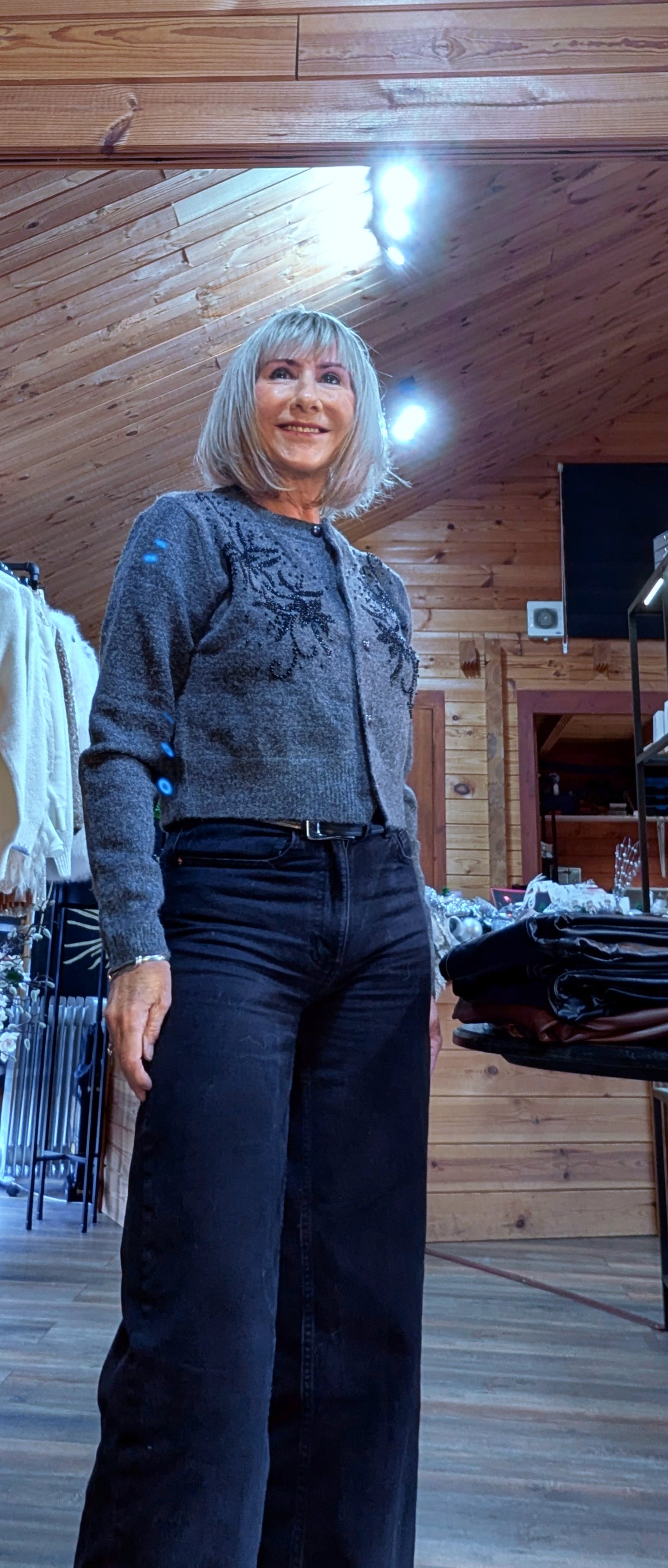 Sophie Charcoal Grey Cardigan – Black Beaded Floral Detail