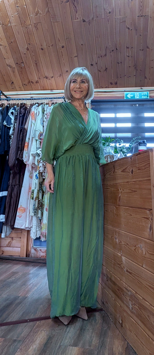 Josie Silk Blend Jumpsuit – Olive Green