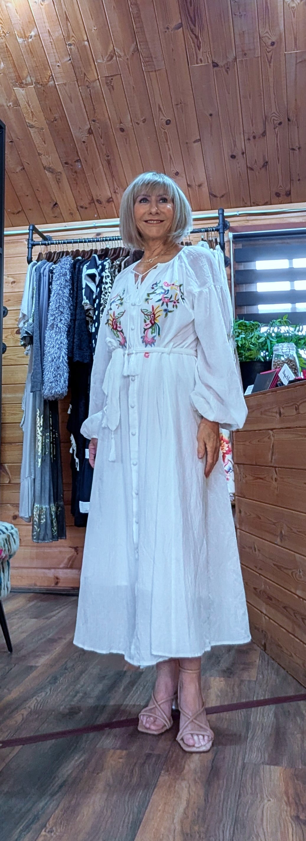 White embroidered maxi dress in cotton