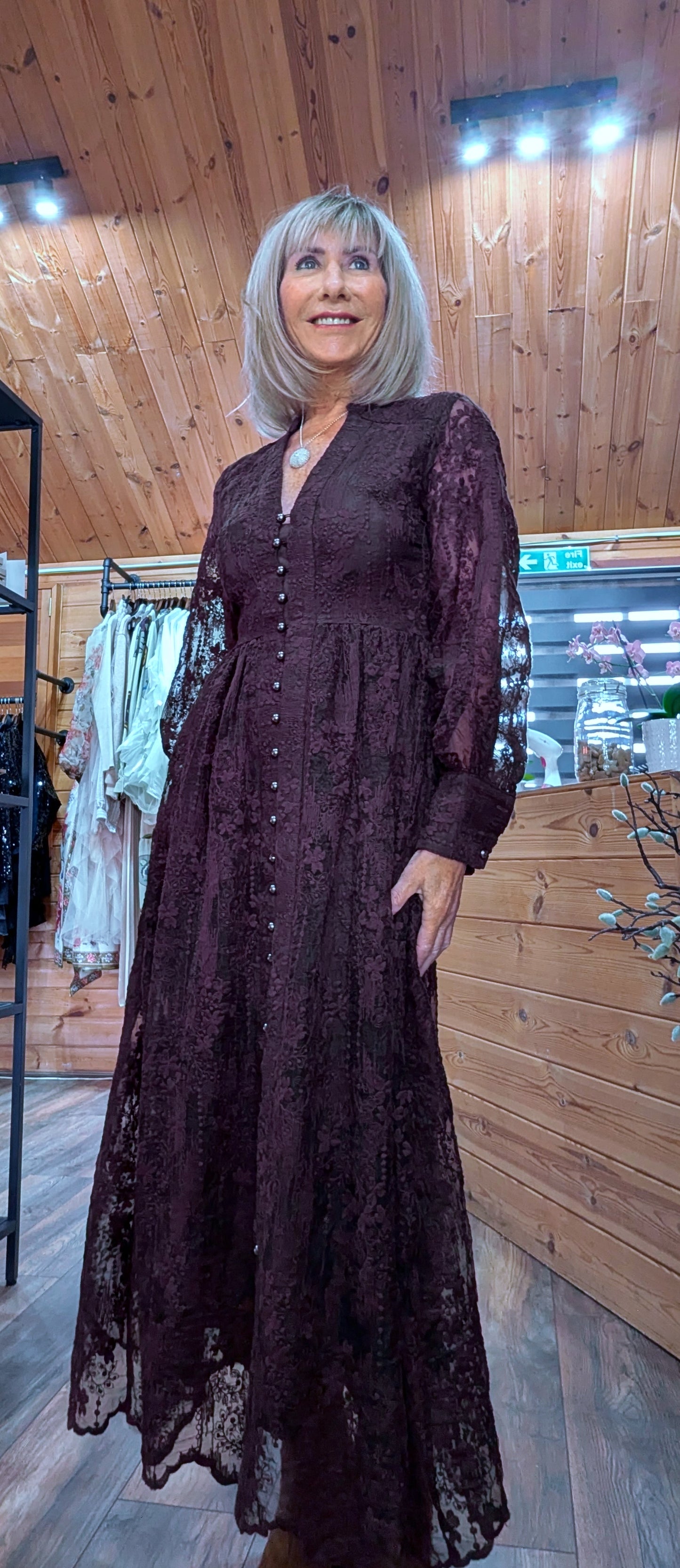 Marsha Coffee Lace Smock Dress – Pearl Button Front - Grandad Collar