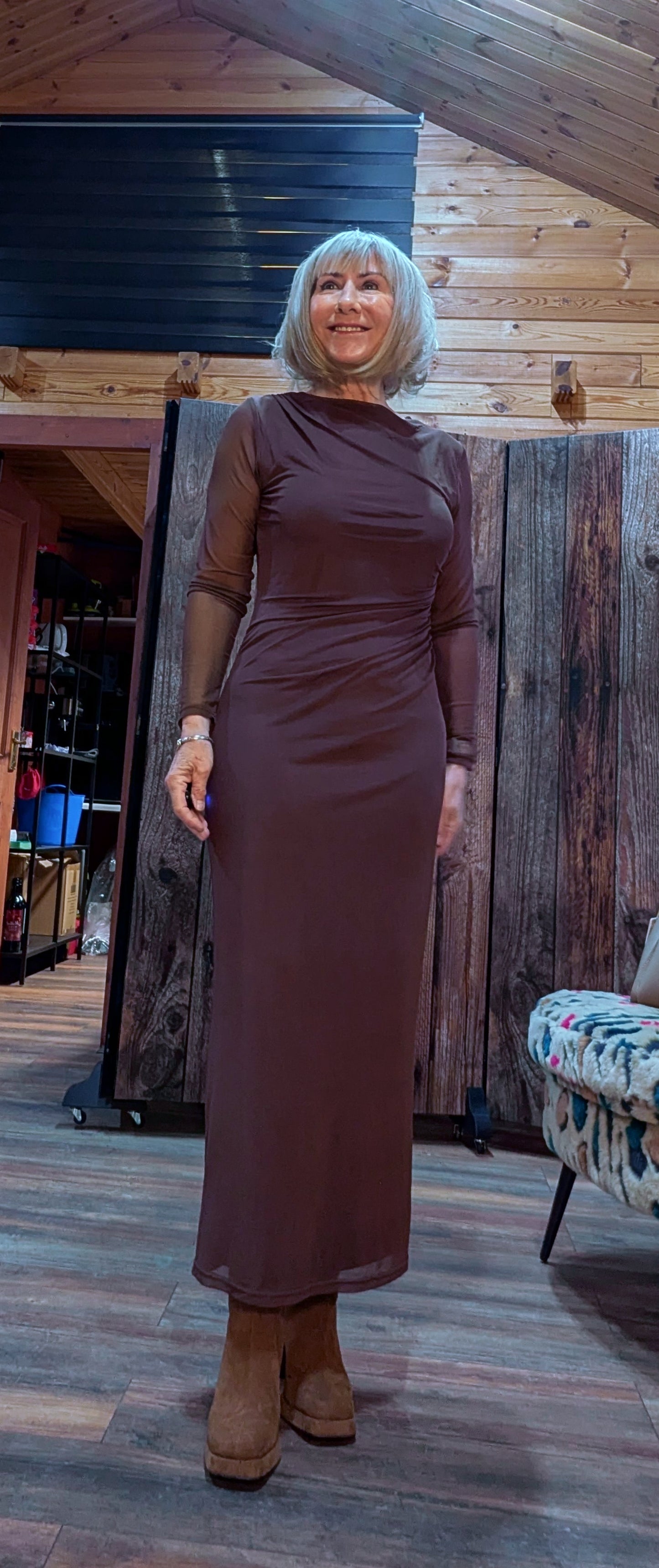 Monica Long Sleeves Mesh Midi Dress In Chocolate