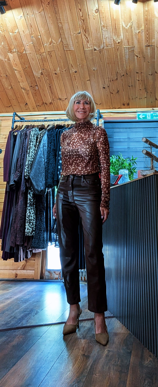 Brown long sleeve roll neck top in soft viscose blend