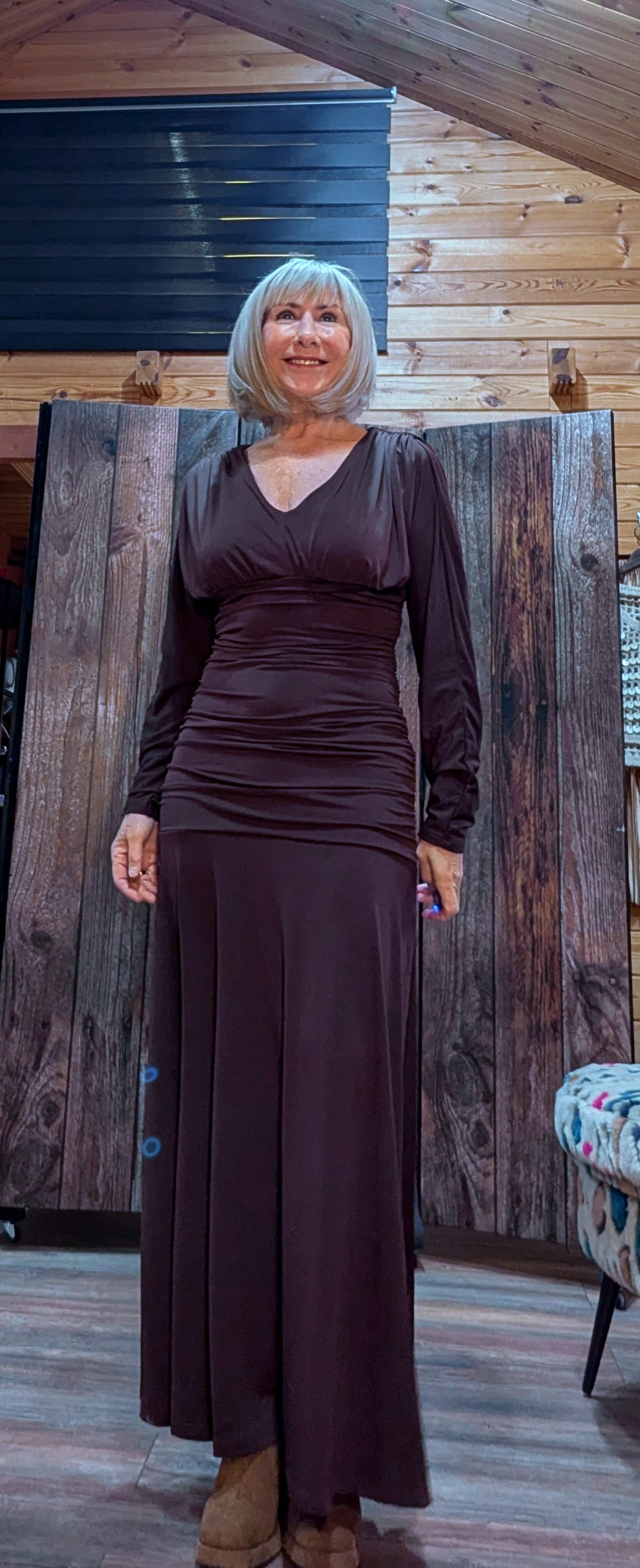 Aspen Ruched Dress – Autumnal Rust with Drop Waist Slash Neck