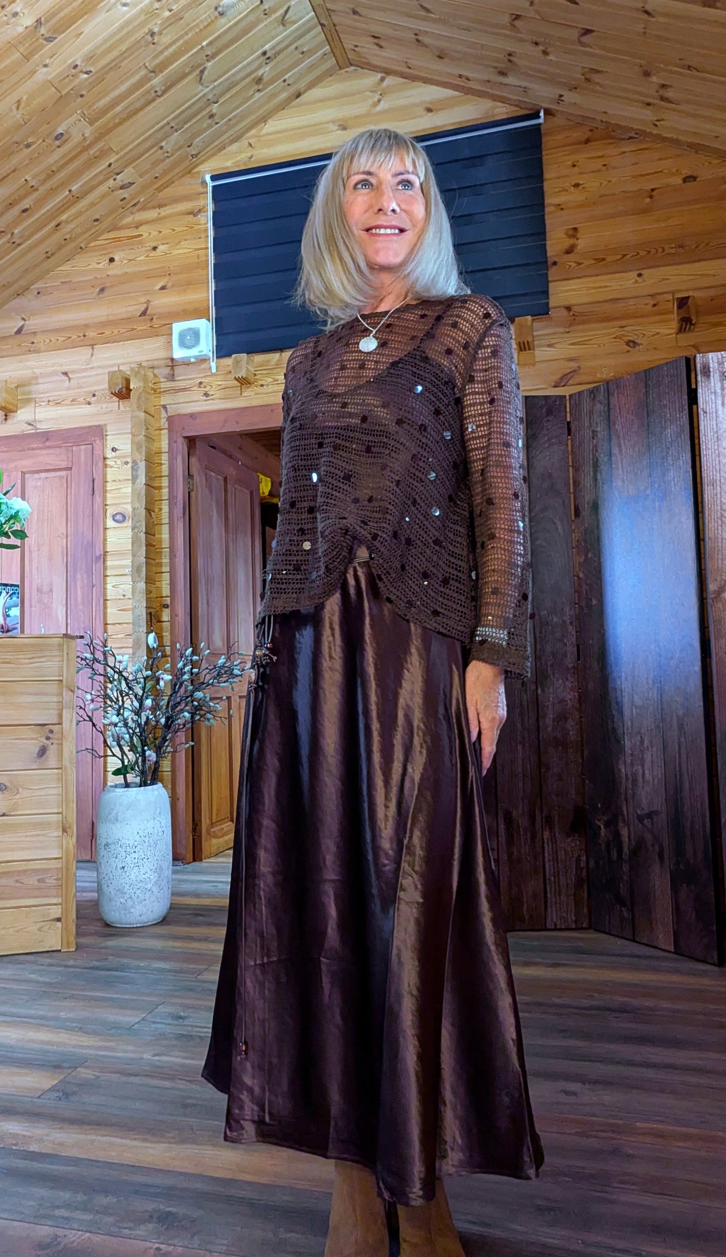 Loren Coffee Sequin Mesh Set – Silky Slip Dress with Beaded Tie Belt
