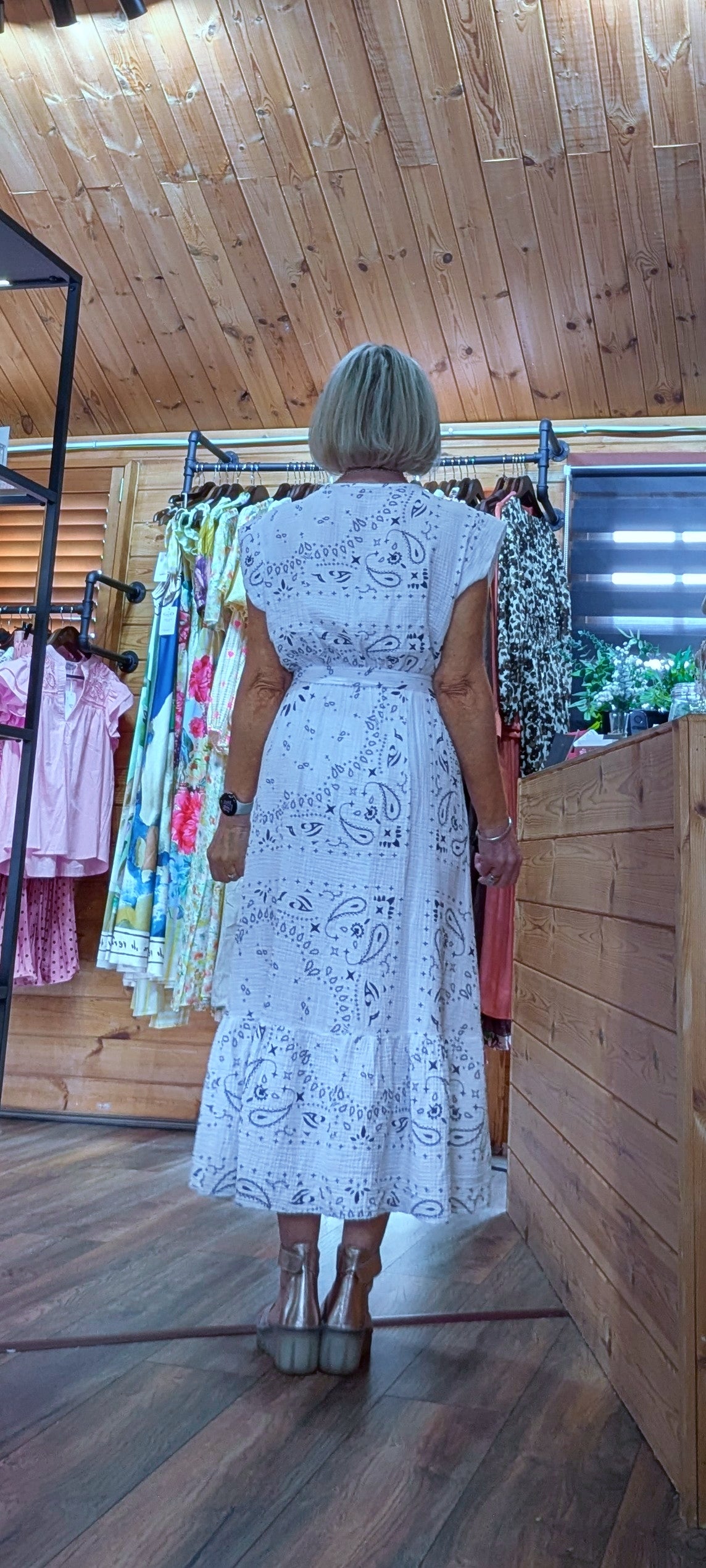 Boutique white summer dress with blue print at the back