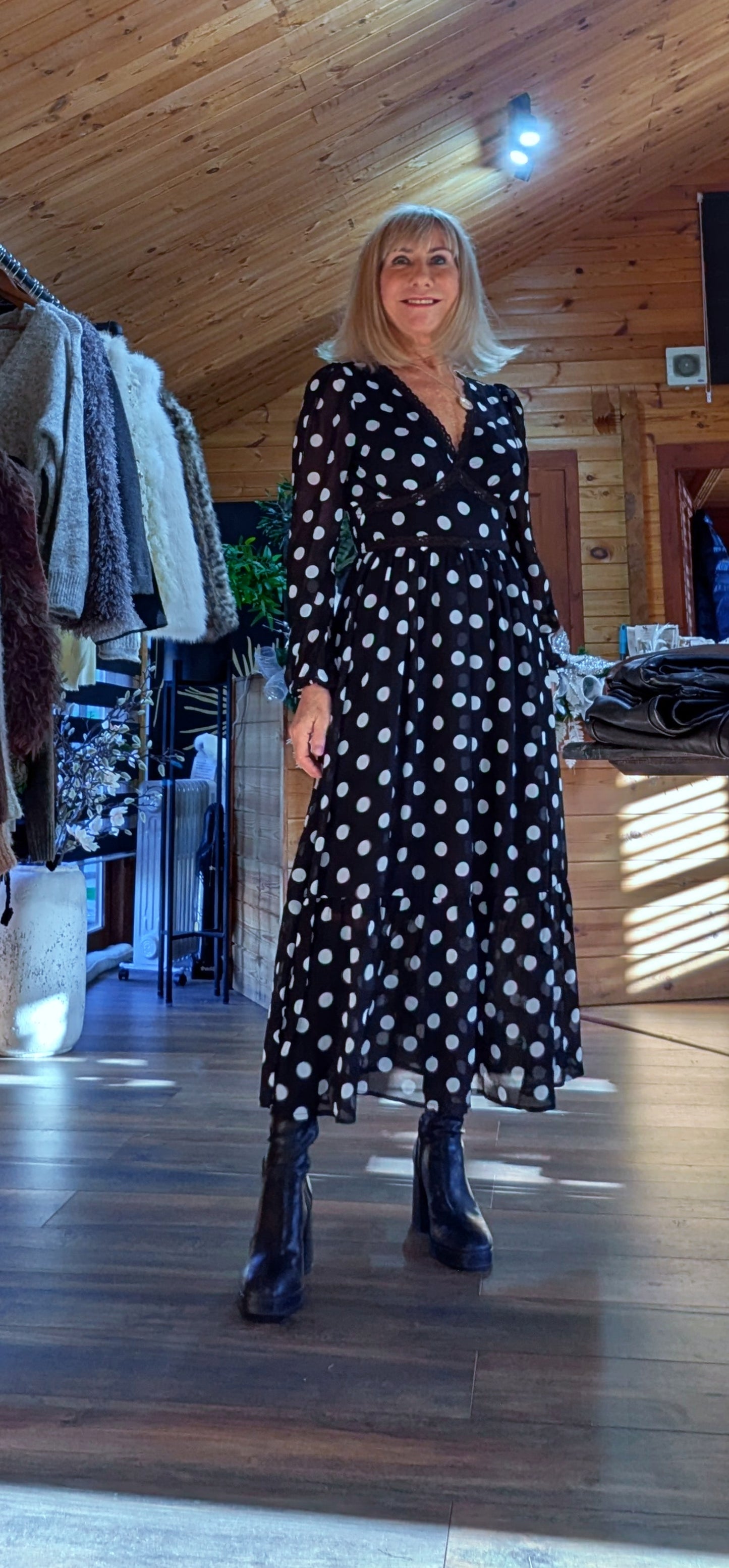 Hazel Polka Dot Print Lace Trim Long Sleeve Midi Dress In Black