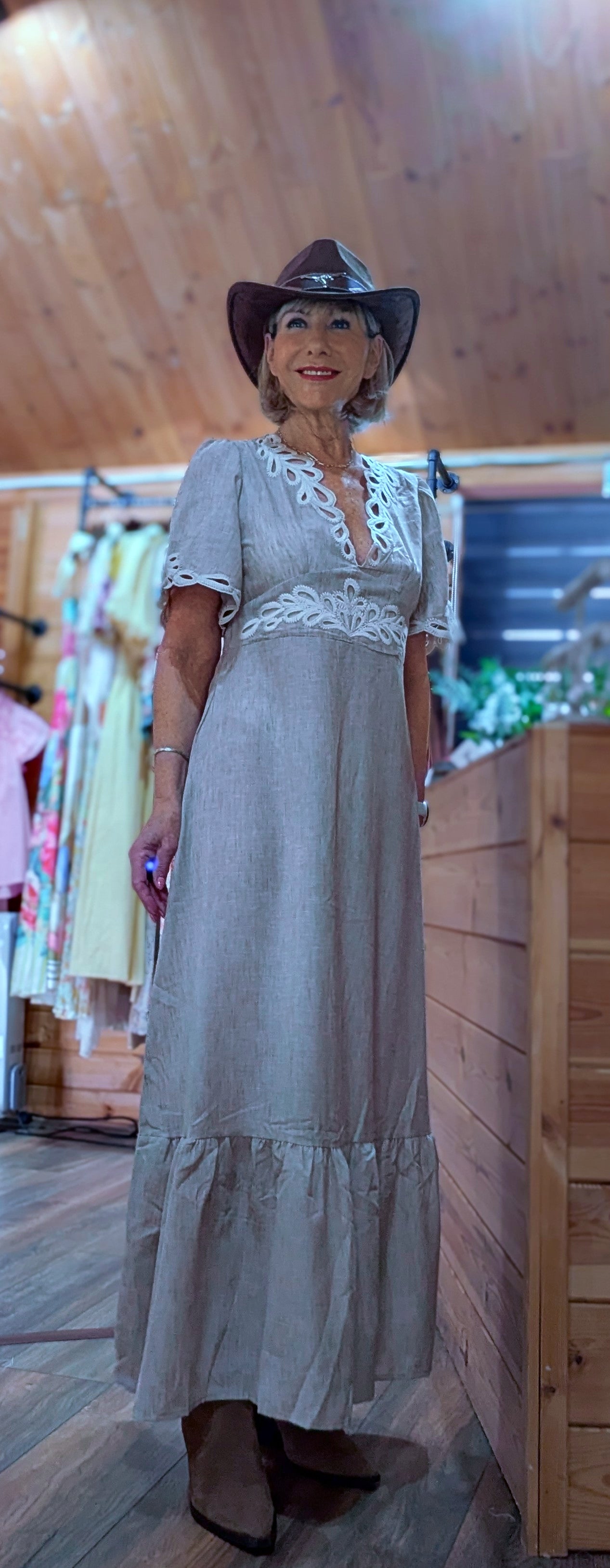Azora beige embroidered linen blend midi dress worn with cowboy boots and stetson styled by ditsydi