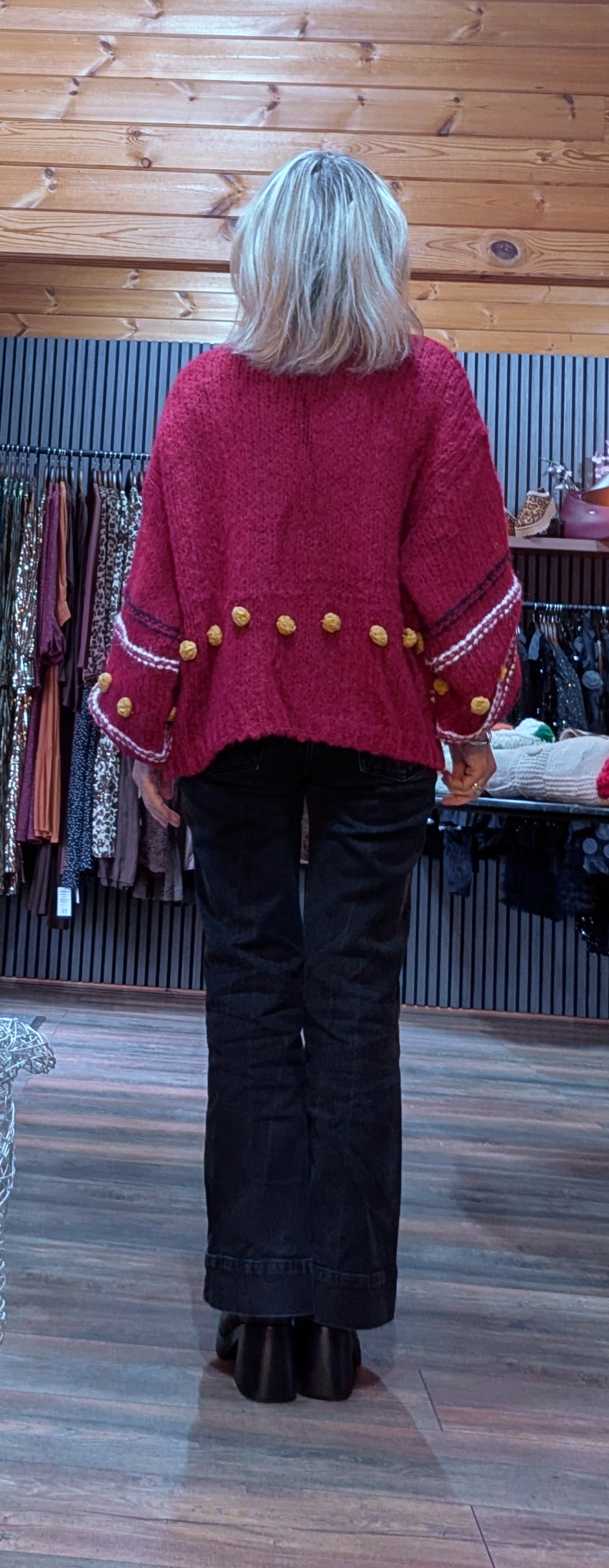 Pansy Chunky Cardigan – Deep Red with Balloon Sleeves- Mustard Bobbles