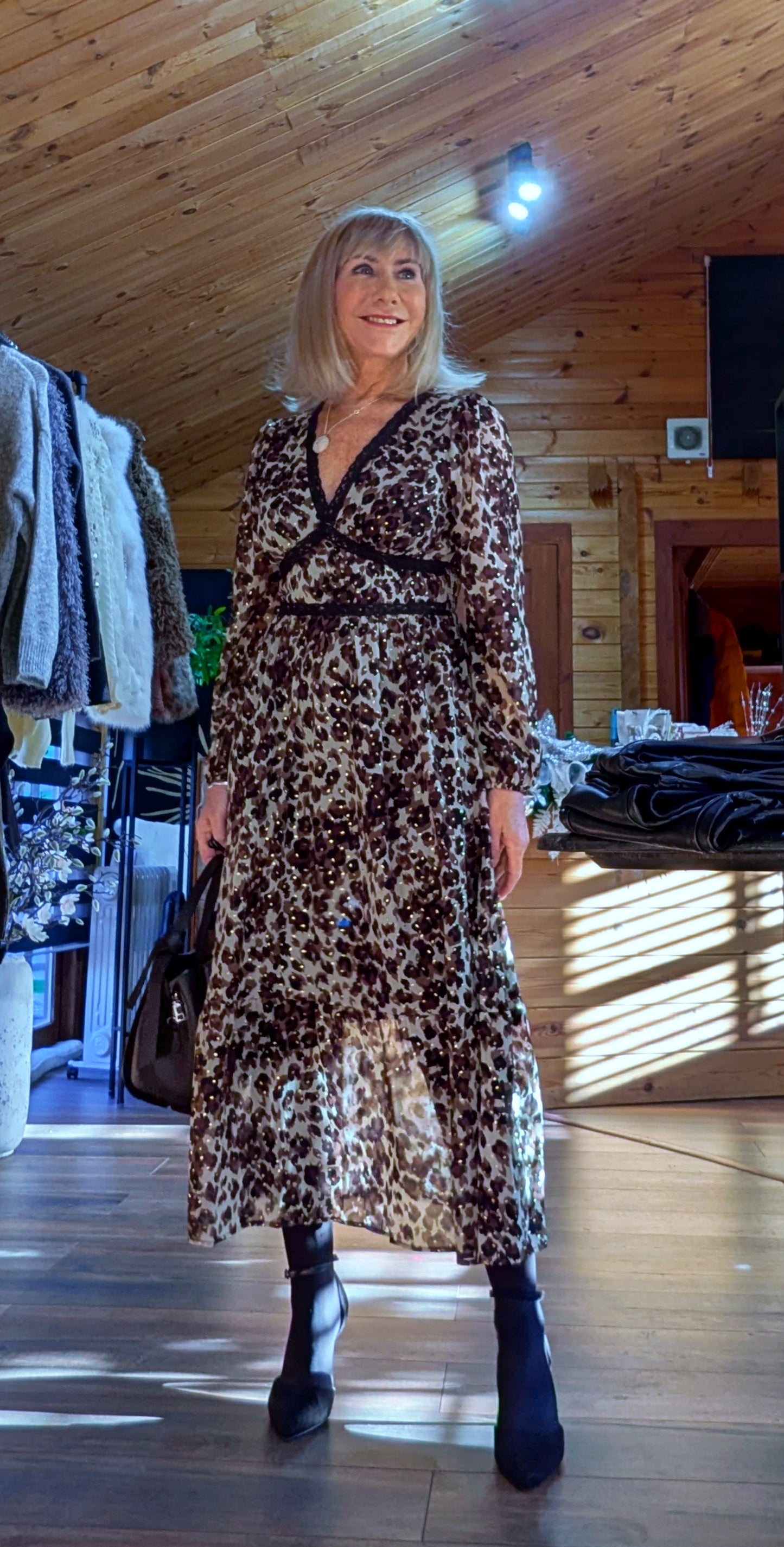 Caterina Leopard Print Dress – Lace Trim -Gold Accents