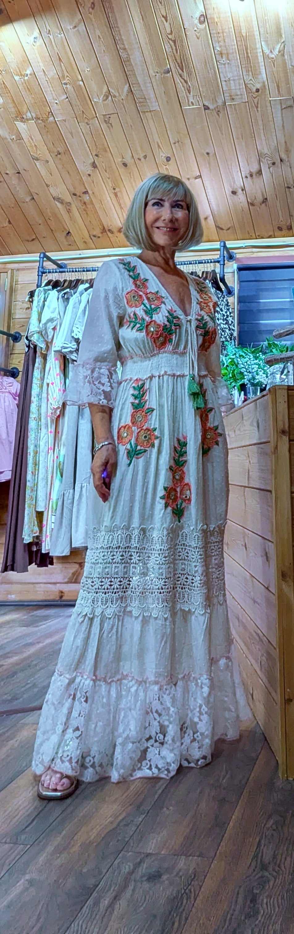 Embroidery and lace maxi boho dress