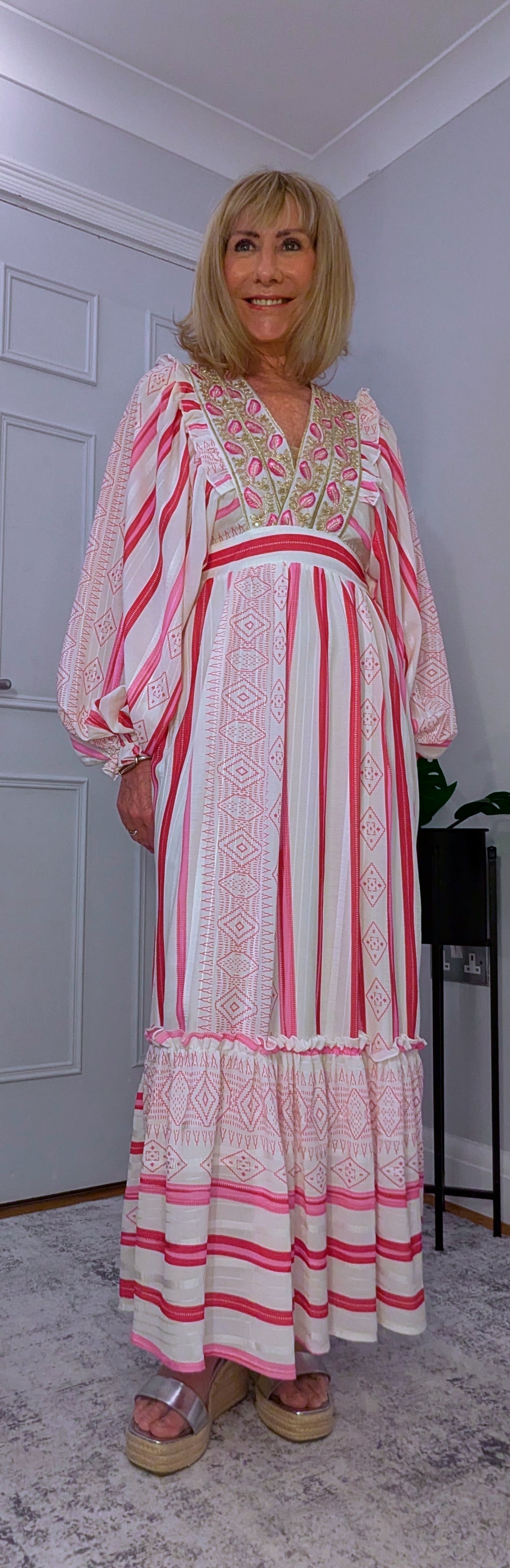 Ophelia Maxi Dress – Pink and White with Gold Embellishment