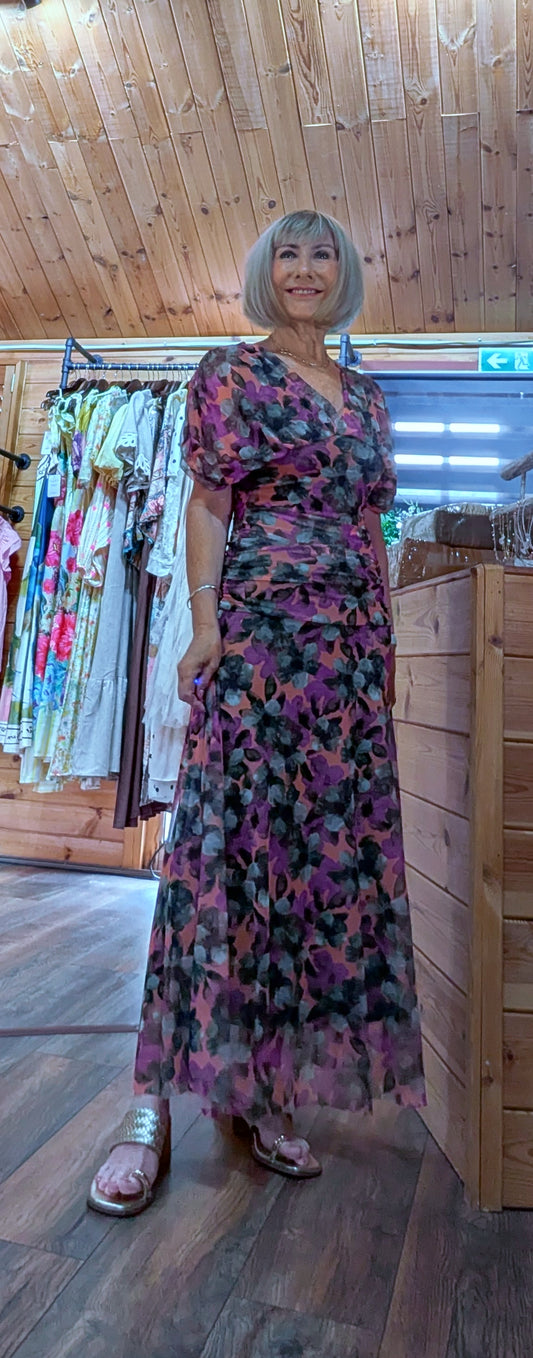 Floral maxi dress in plum coral and green print