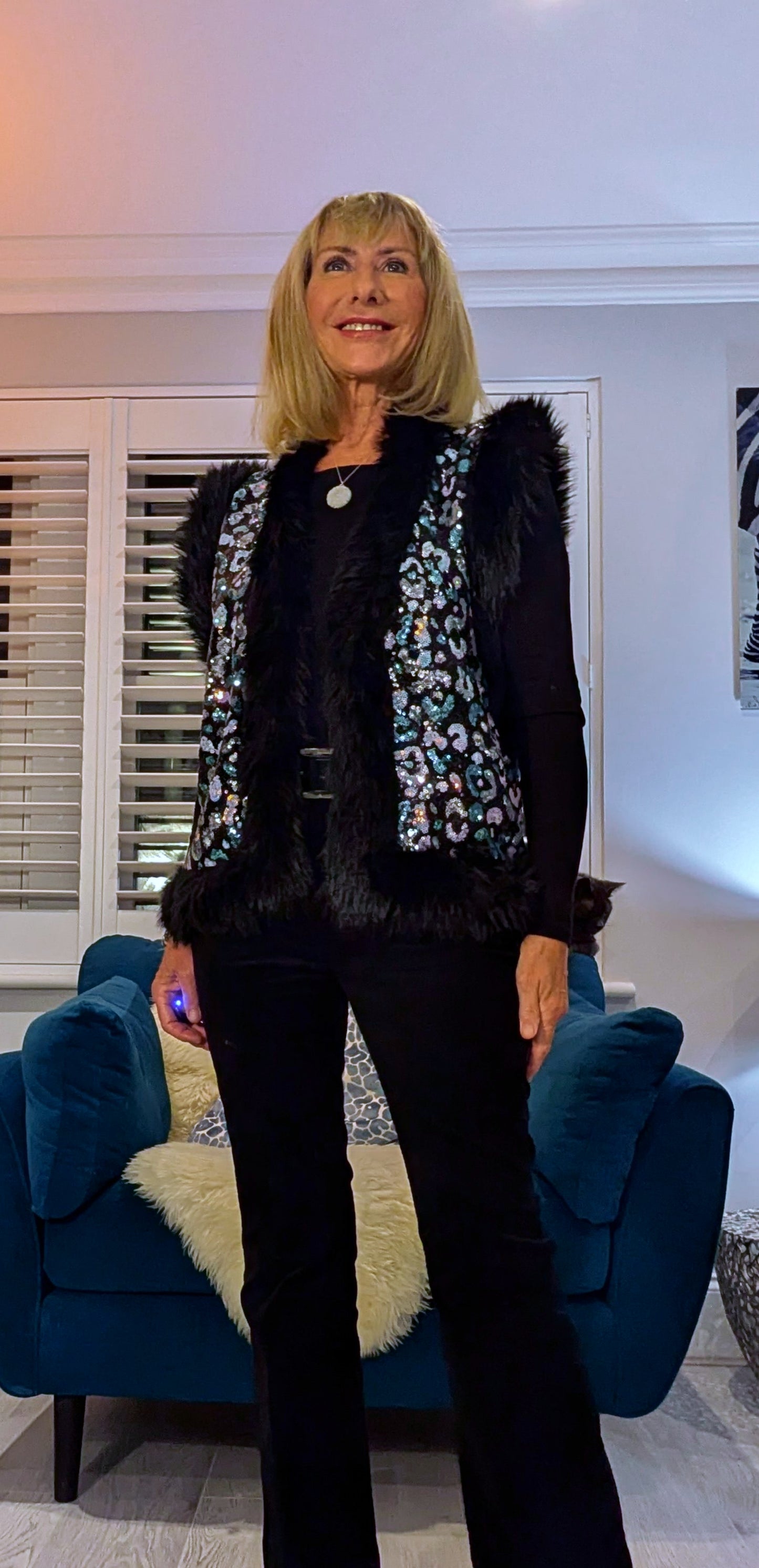 Ella Faux Fur Trim Sleeveless Cardigan /Aqua Animal Print /Original Animal Print