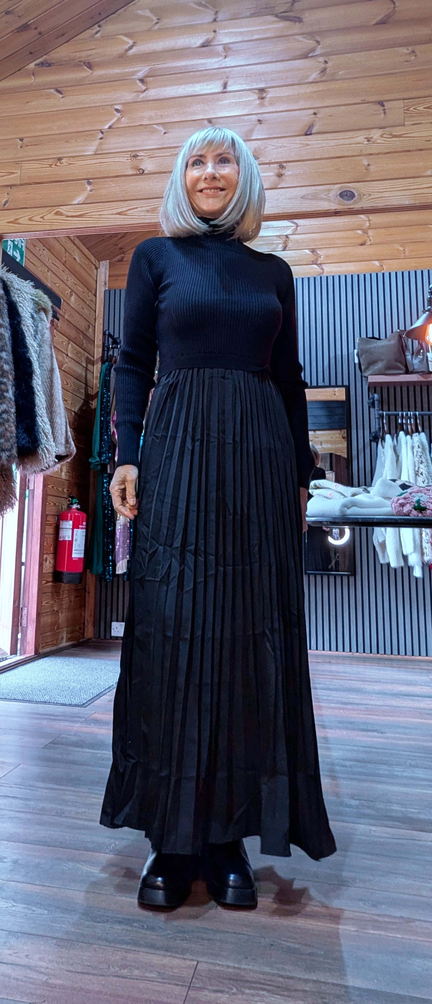 Haley Sweater Dress – High Neck with Pleated Maxi Skirt in Coffee or Black
