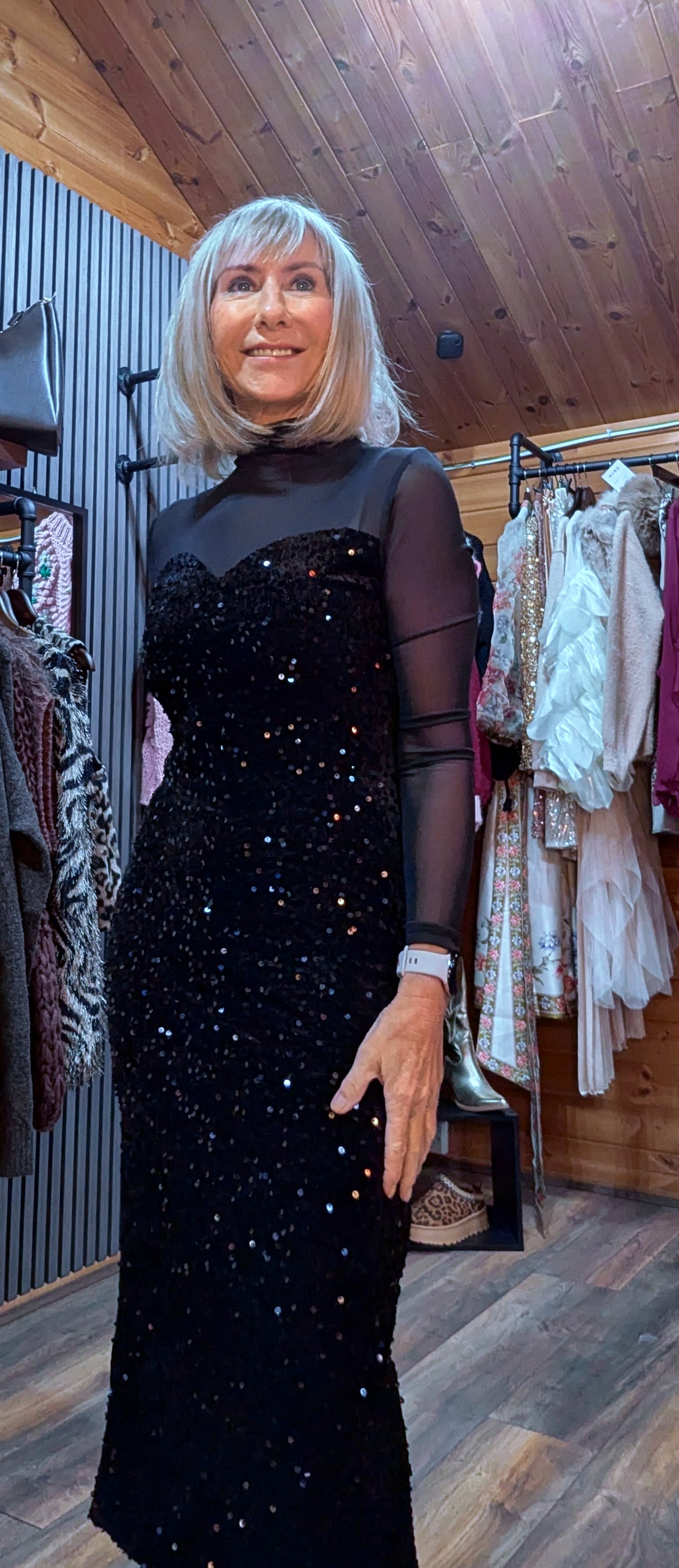 Audrey Sheer High-Neck Dress – Velvet Feel with Sequin Detail Black