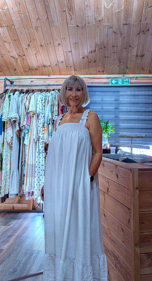 Nadia Frill Strap Cotton Maxi Dress close up