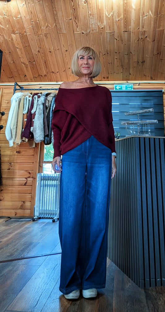 Pippa relaxed crossover knit jumper in rich burgundy