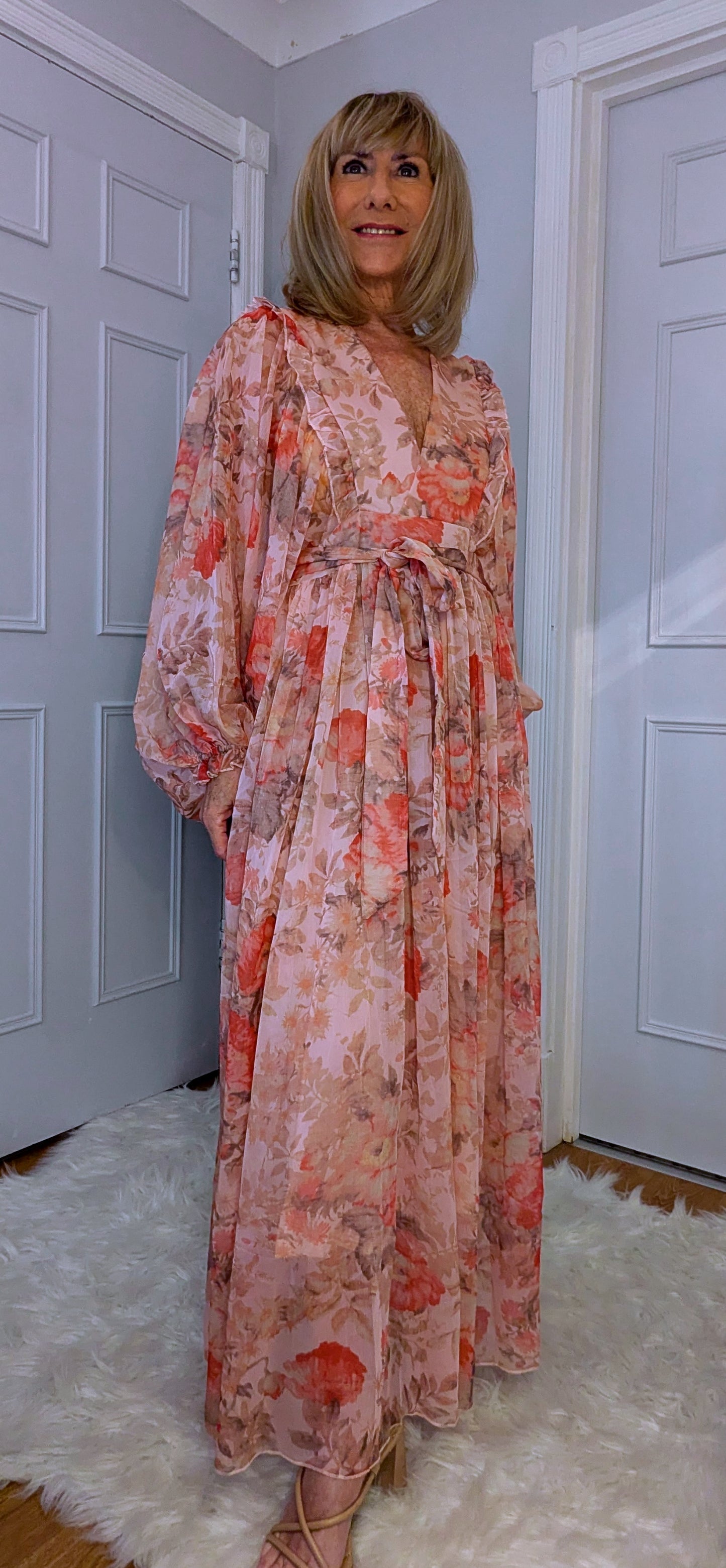 Tia Pink Floral Maxi Dress – Boho Chic with Balloon Sleeves