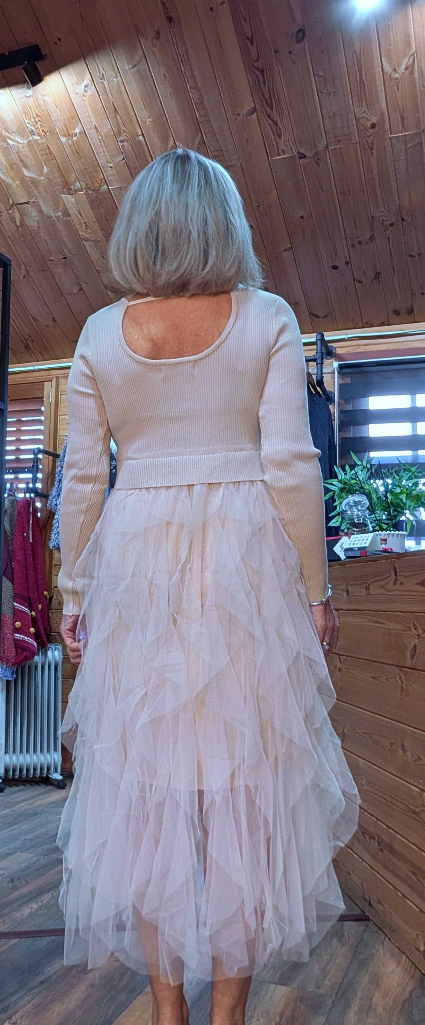 Storm Tulle Dress with Waterfall Tutu Skirt in Taupe Long sleeves