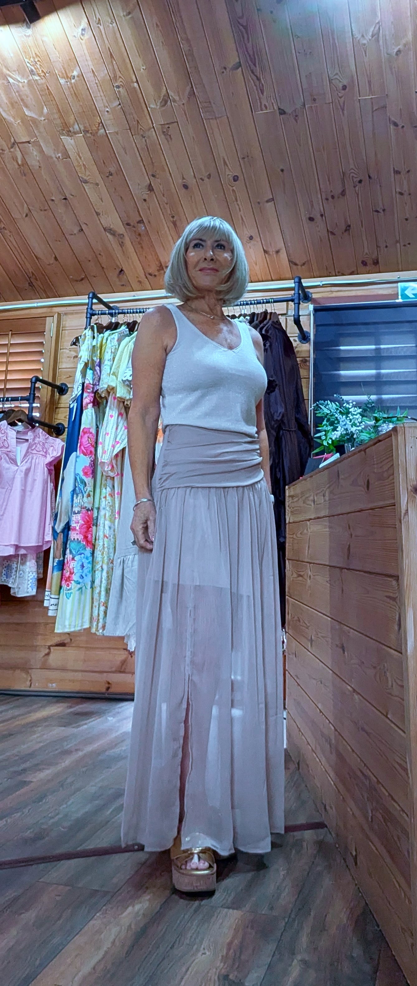 Floaty taupe maxi skirt with front split worn with Romilly Glitter vest styled by ditsydi