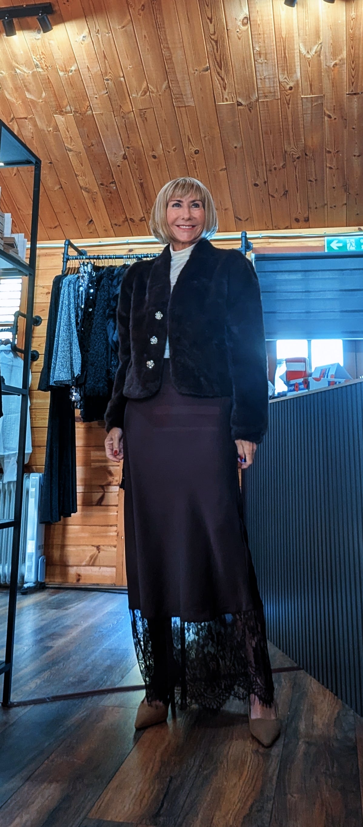 Lumine chocolate lace hem skirt styled with the Bessie faux fur jacket and pointed heels