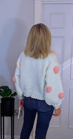 Rose Cardigan – Chunky White Knit with 3D Embroidered Roses, One Size