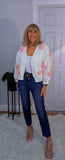 Rose Cardigan – Chunky White Knit with 3D Embroidered Roses, One Size