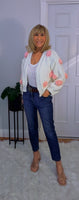 Rose Cardigan – Chunky White Knit with 3D Embroidered Roses, One Size