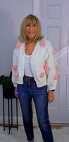 Rose Cardigan – Chunky White Knit with 3D Embroidered Roses, One Size