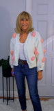 Rose Cardigan – Chunky White Knit with 3D Embroidered Roses, One Size