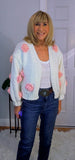 Rose Cardigan – Chunky White Knit with 3D Embroidered Roses, One Size