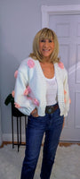 Rose Cardigan – Chunky White Knit with 3D Embroidered Roses, One Size