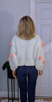 Rose Cardigan – Chunky White Knit with 3D Embroidered Roses, One Size