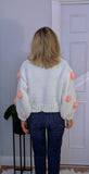 Rose Cardigan – Chunky White Knit with 3D Embroidered Roses, One Size