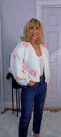 Rose Cardigan – Chunky White Knit with 3D Embroidered Roses, One Size
